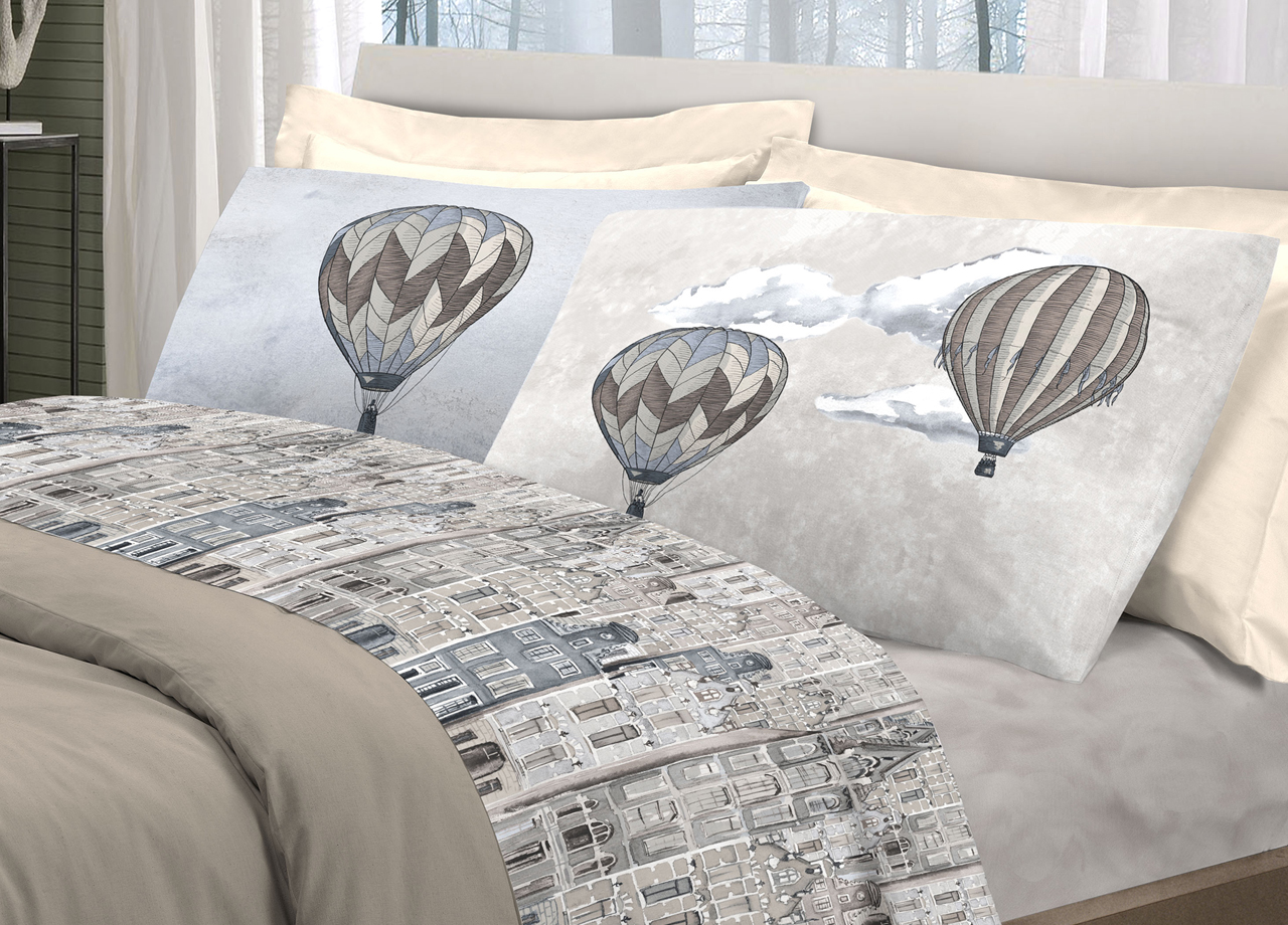 foto del prodotto completo lenzuola linea pensieri delicati 100 cotone disegno volare piazza e mezza beige