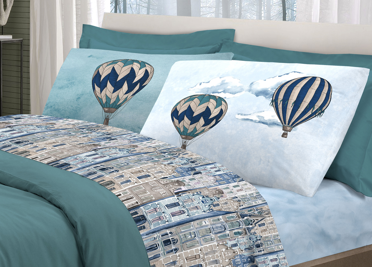 foto del prodotto completo lenzuola linea pensieri delicati 100 cotone disegno volare singolo azzurro