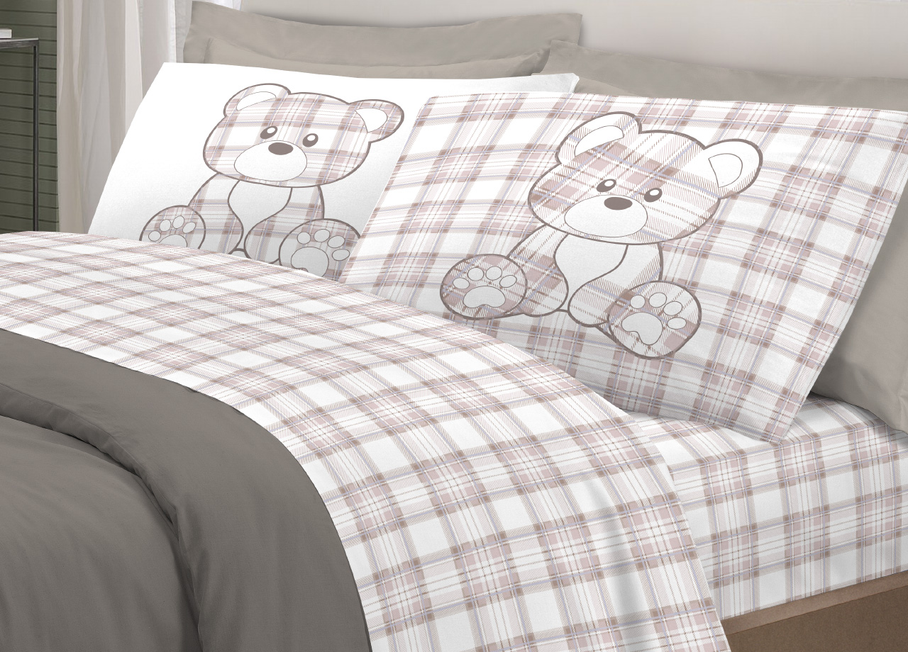 foto del prodotto completo lenzuola linea pensieri delicati 100 cotone orsetto tartan primavera piazza e mezza beige