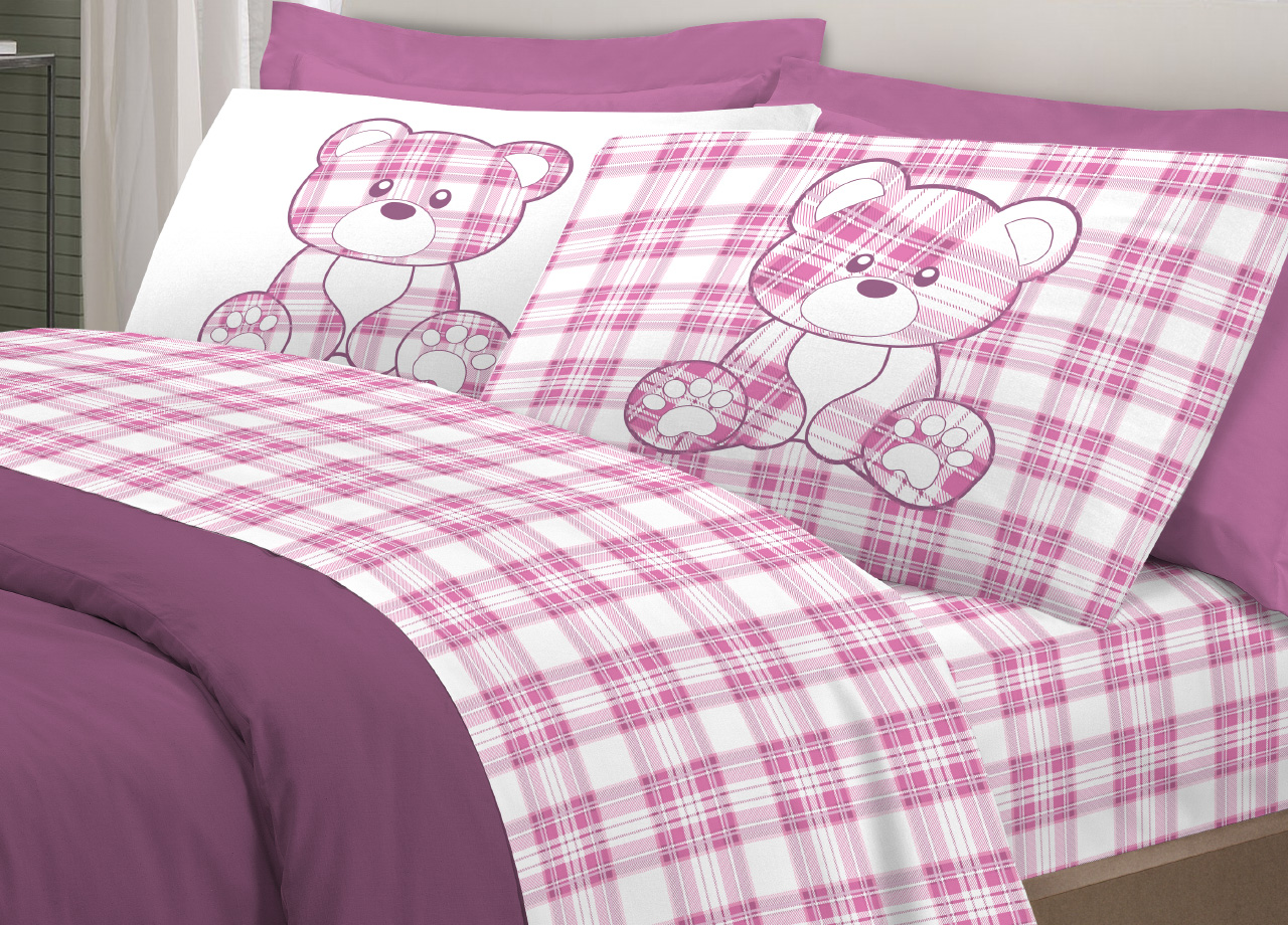 foto del prodotto completo lenzuola linea pensieri delicati 100 cotone orsetto tartan primavera piazza e mezza rosa