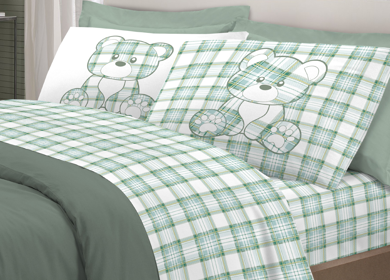 foto del prodotto completo lenzuola linea pensieri delicati 100 cotone orsetto tartan primavera piazza e mezza verde