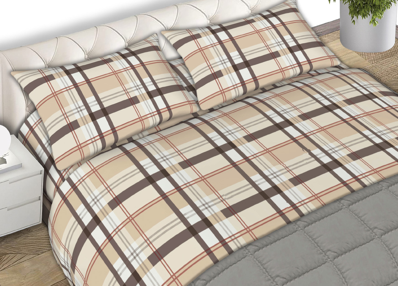 foto del prodotto completo lenzuola matrimoniale in morbida flanella disegno plaid c.n 2 piazze beige