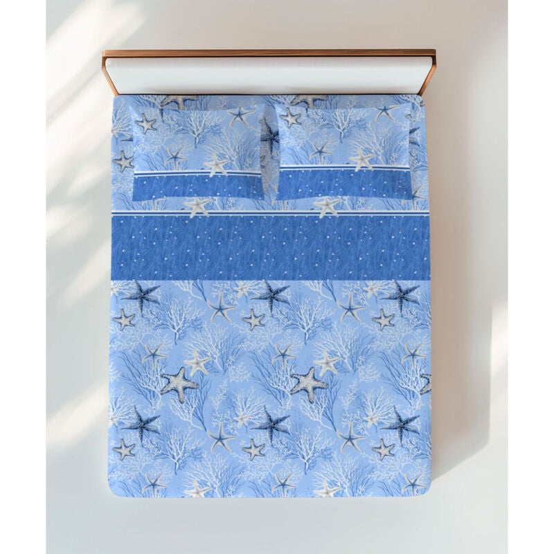 foto del prodotto completo lenzuola stelle marine blu motivo coralli e stelle 100 cotone made in italy, lavabile 1 piazza