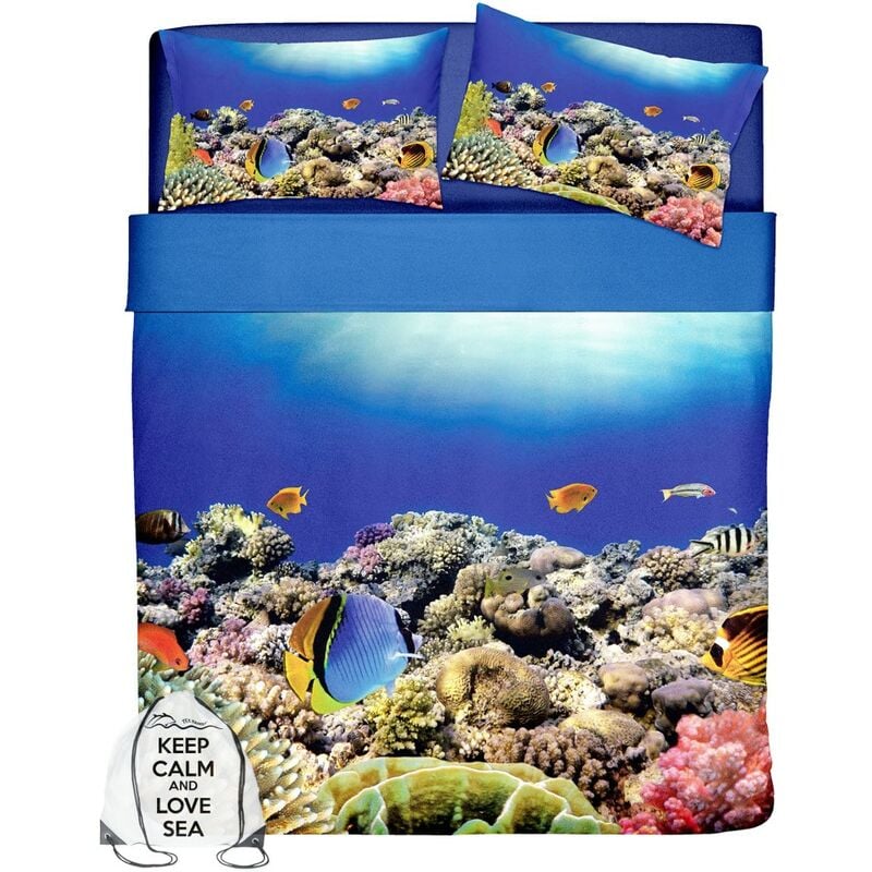 foto del prodotto completo lenzuolo copriletto stampa digitale copriletto barriera corallina con sacco keep matrimoniale 2 piazze