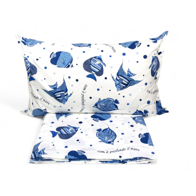 foto del prodotto completo letto cotone com profondo il mare lenzuola estive con pesci blu design marinaro made in italy 1 piazza e mezza