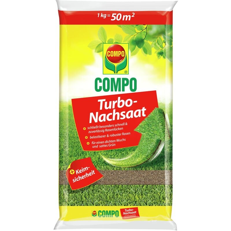 foto del prodotto compo turbo, semi di prato, chiude in modo rapido e affidabile gli spazi vuoti nel prato, con sicurezza germinale, 1 kg, 50 m 