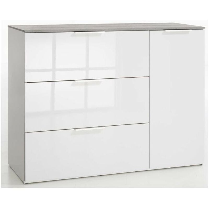 foto del prodotto composad - mobile contenitore ingresso bianco e cemento linea galaverna con un 1 anta e 3 cassetti made in italy