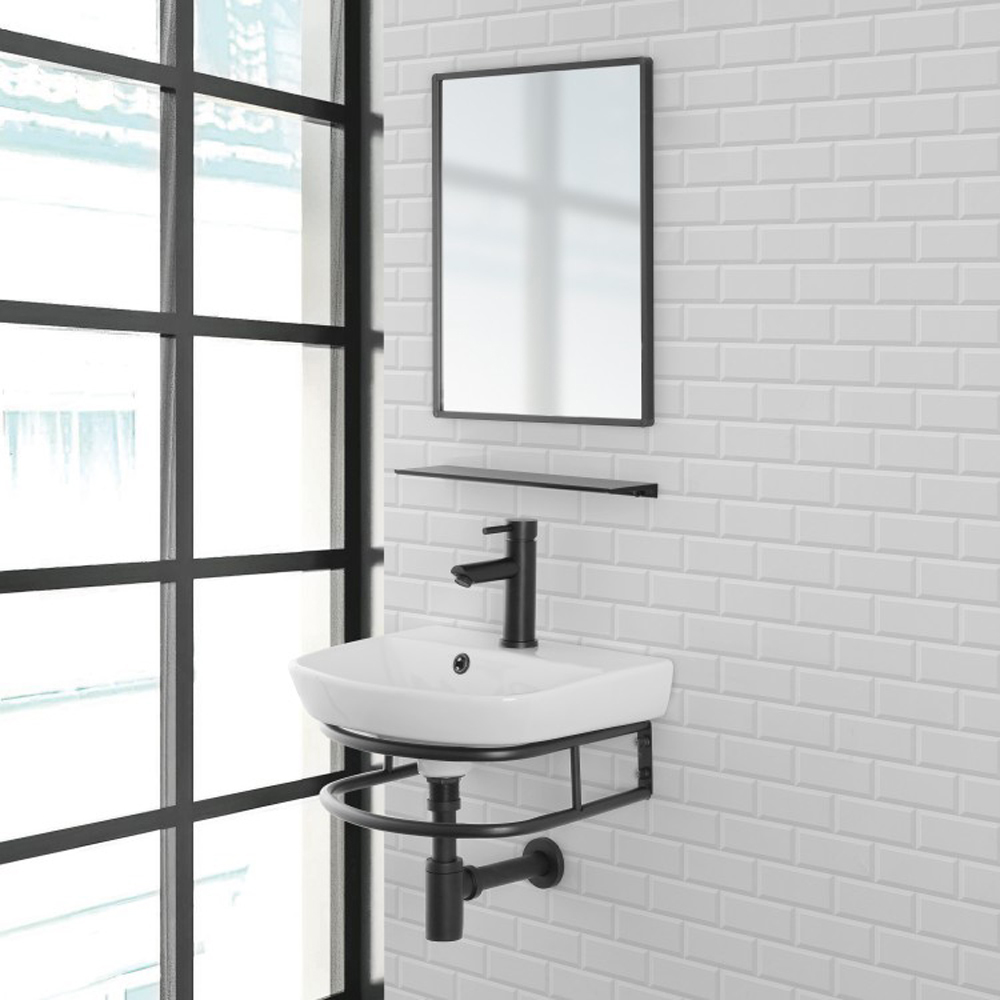 foto del prodotto composizione bagno in metallo 45cm con lavabo + specchio e mensola linea borg feridras