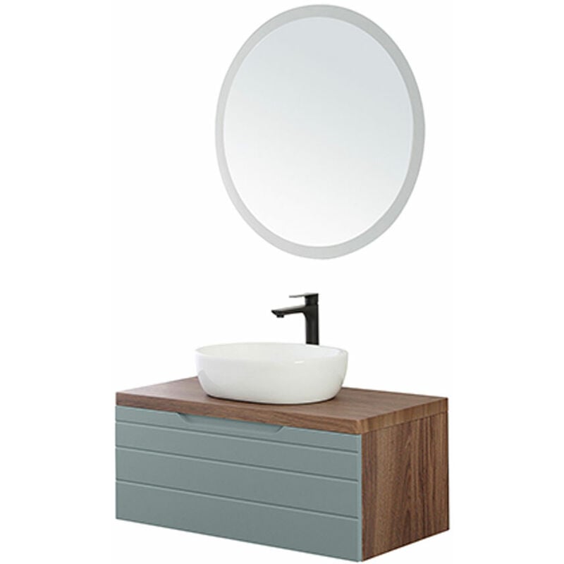 foto del prodotto composizione bagno sospeso verde salvia con cassettone lavabo specchio