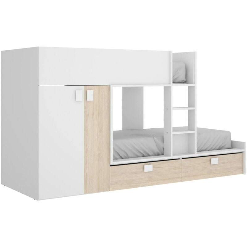 foto del prodotto composizione camera da letto acerola, cameretta completa, composizione letto a castello con due lettini singoli, 275x108h150 cm, bianco e rovere
