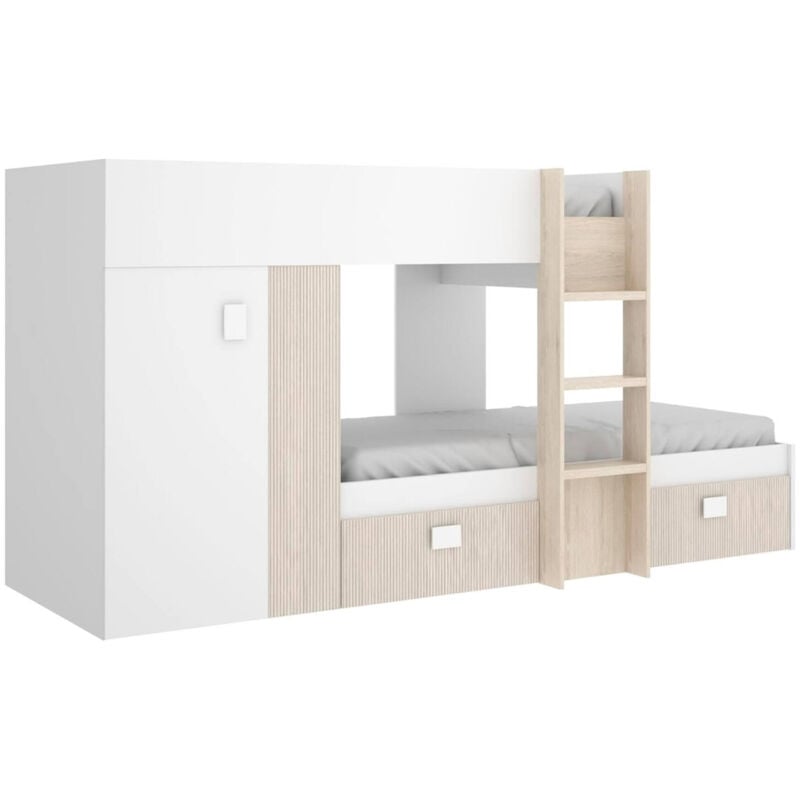 foto del prodotto composizione camera da letto araba, cameretta completa, composizione letto a castello con due lettini singoli, 271x111h150 cm, bianco e rovere dmora