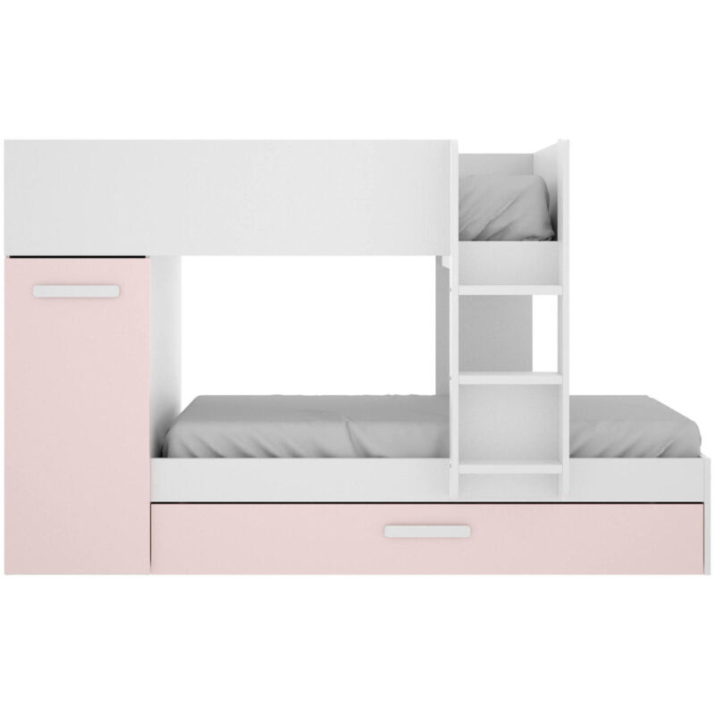 foto del prodotto composizione camera da letto eiger, stanza da letto completa, cameretta per bambini, set per arredo a ponte, 244x112 h150 cm, bianco e rosa dmora