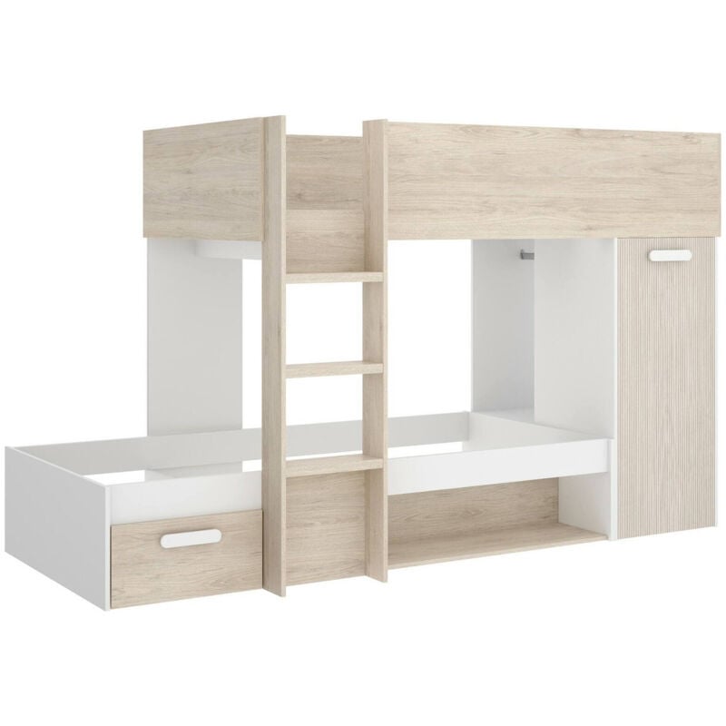 foto del prodotto composizione camera da letto focalone, stanza da letto completa, cameretta per bambini, set per arredo a ponte, 246x112 h150 cm, bianco e rovere