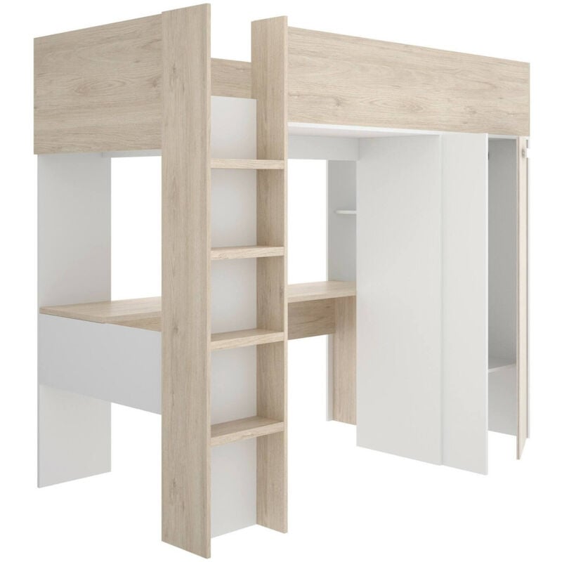 foto del prodotto composizione camera da letto maha, stanza da letto completa, cameretta per bambini, set per arredo a ponte, 206x111 h178 cm, bianco e rovere dmora