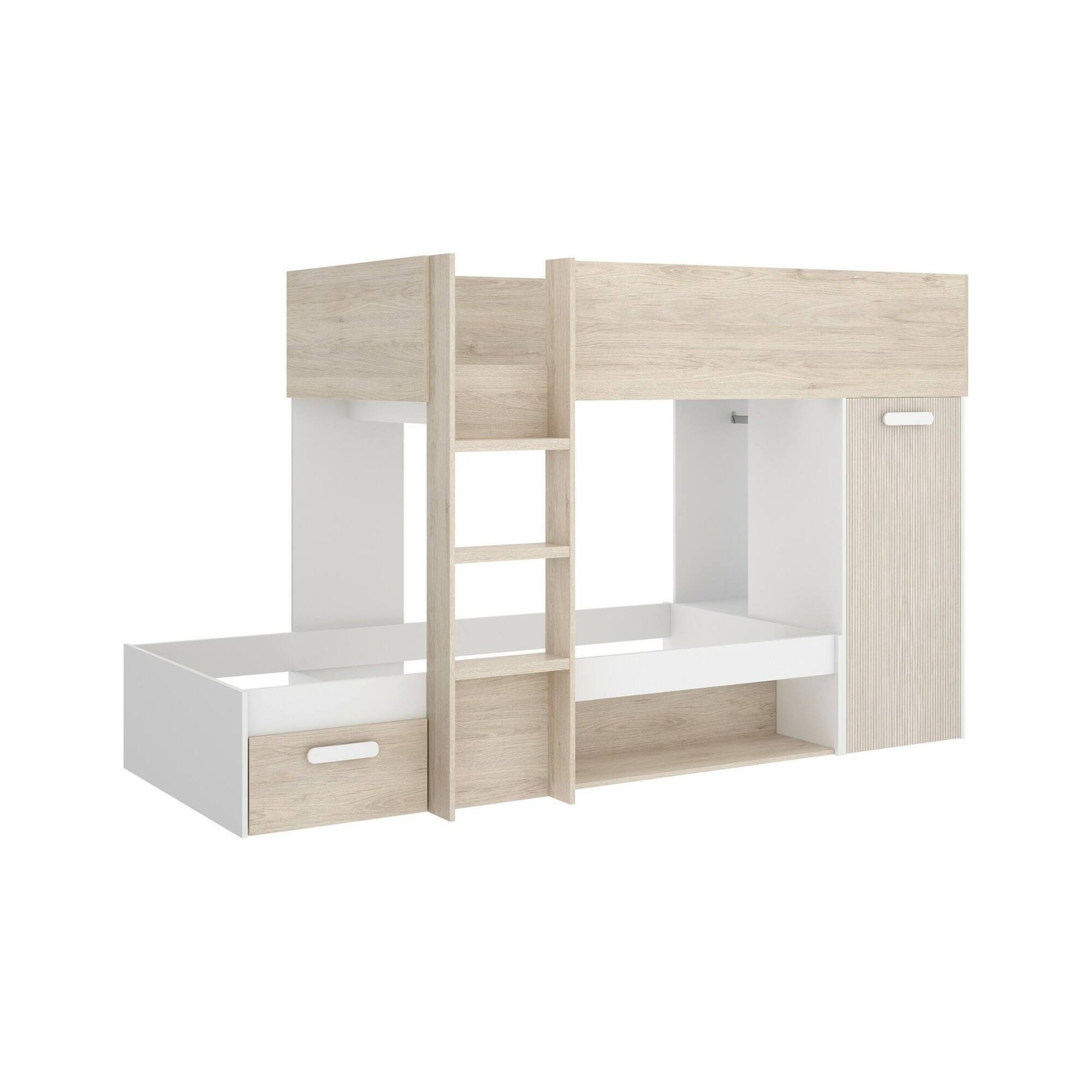 foto del prodotto composizione camera da letto pinus, stanza da letto completa, cameretta per bambini, set per arredo a ponte, 246x112 h150 cm, bianco e rovere