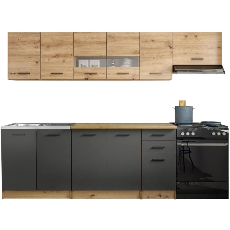 foto del prodotto composizione cucina houston 1182, rovere artisan grigio opaco quercia di wotan, 260x60cm, con, truciolare laminato, vetro, truciolare laminato