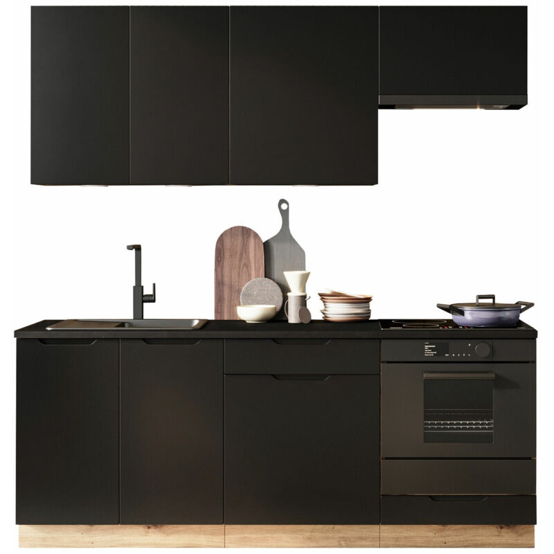 foto del prodotto composizione cucina trenton 180, nero + rovere artisan, 200x60cm, con, truciolare laminato, pannello di fibra a media densità, truciolare laminato, led: con
