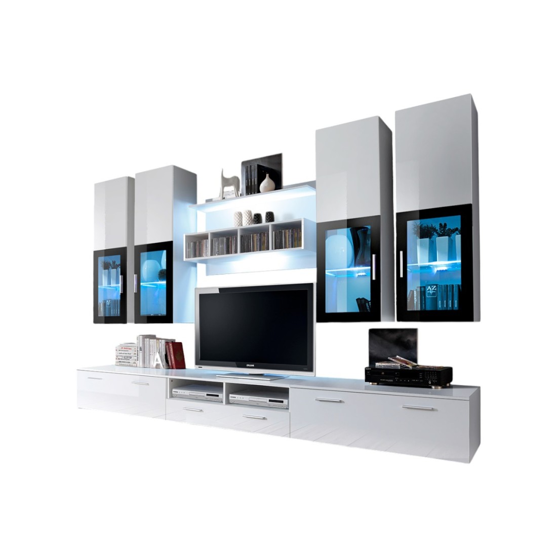 foto del prodotto composizione di mobili tv design collezione lora. colori bianco opaco e bianco lucido.