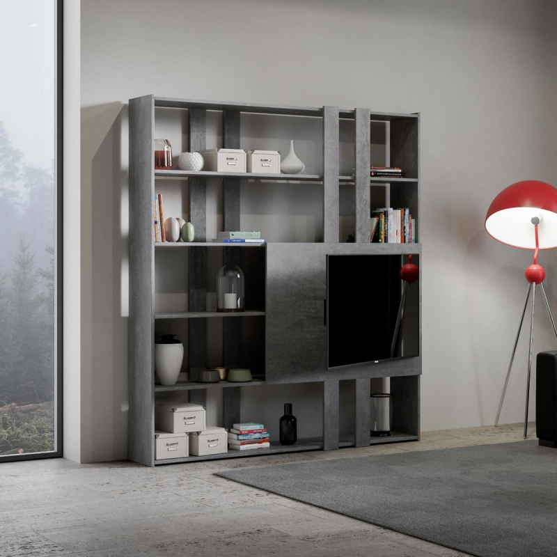 foto del prodotto composizione libreria kato 6r 2 fianchi 2 fasce lunghe 2 fasce corte 2 fasce medie pannello tv cemento,h
