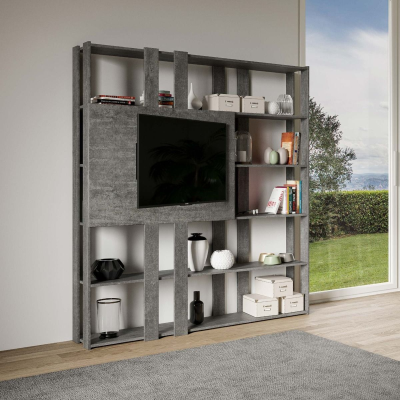 foto del prodotto composizione libreria kato 6r 2 fianchi 2 fasce lunghe 2 fasce corte 2 fasce medie pannello tv cemento,n