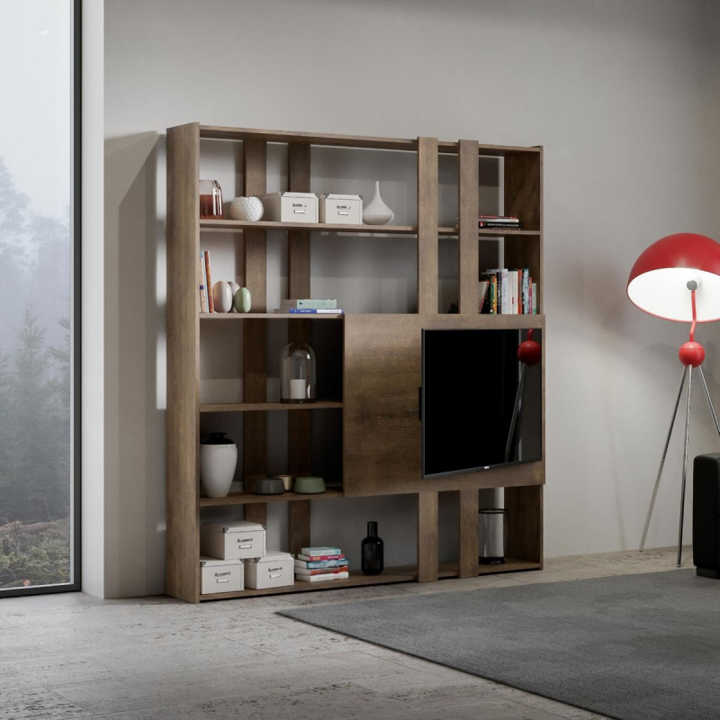 foto del prodotto composizione libreria kato 6r 2 fianchi 2 fasce lunghe 2 fasce corte 2 fasce medie pannello tv noce,h
