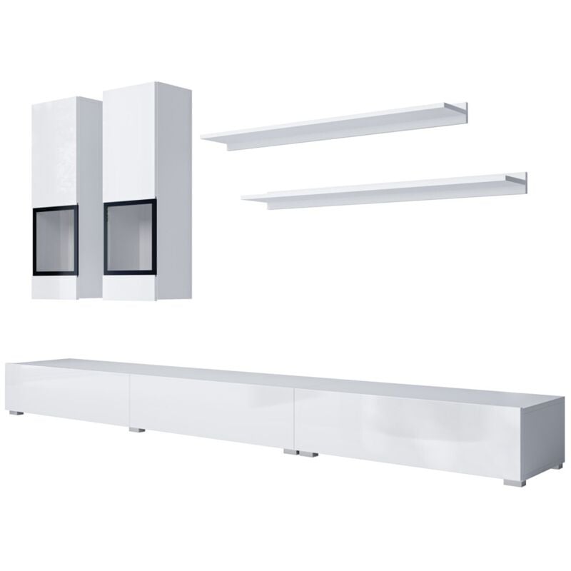 foto del prodotto composizione murale ramos colore bianco mobile tv xl, 2 vetrine e 2 scaffali design