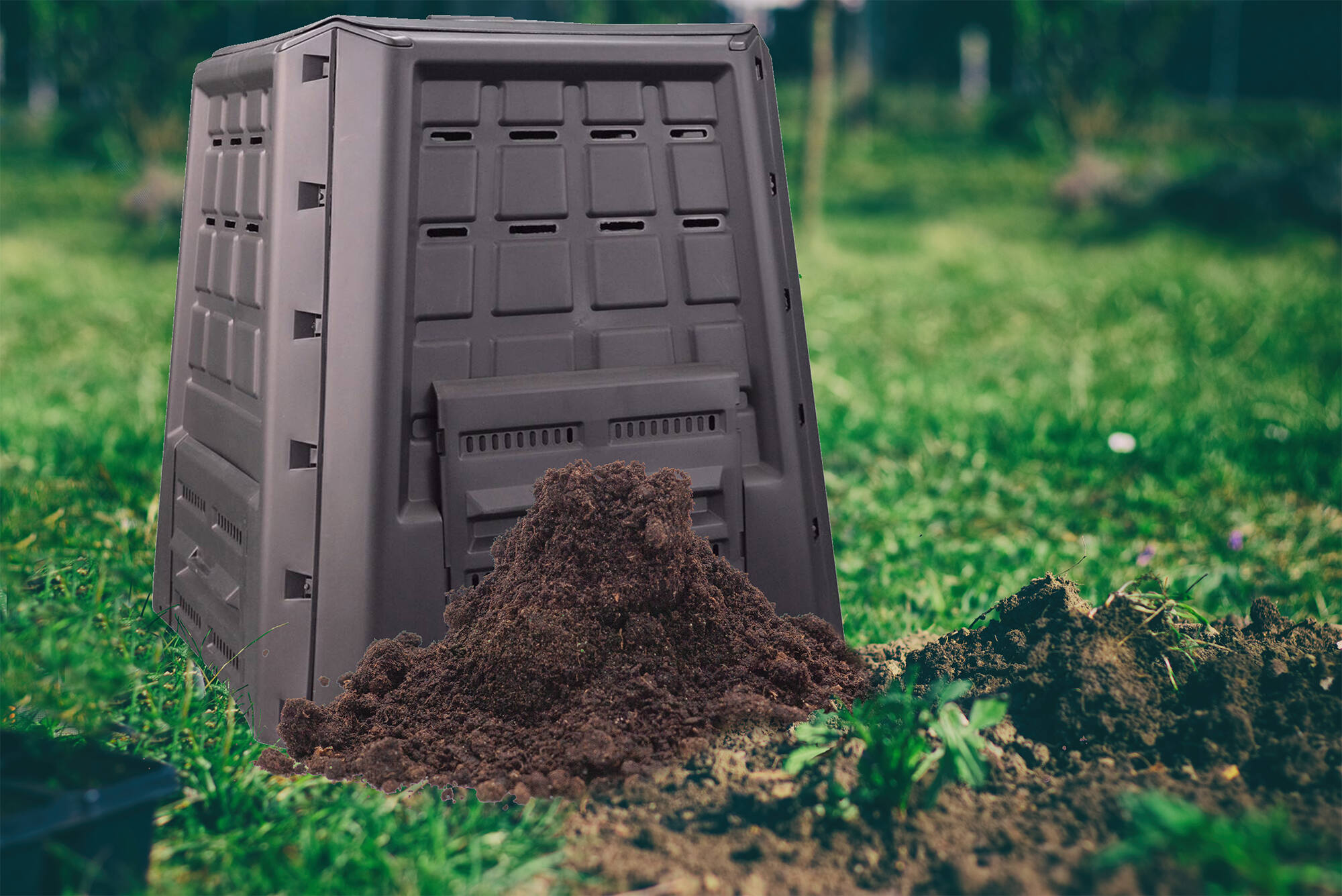 foto del prodotto compostiera in gina, contenitore per rifiuti organici, biocomposter da 380l, 100 made in italy, cm 80x80h82, colore nero