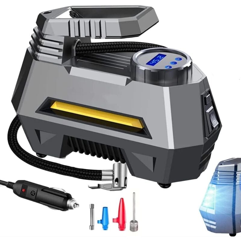 foto del prodotto compressore d'aria per gonfiaggio pneumatici con manometro digitale lcd, compressore d'aria portatile per auto con luce led e ricarica accendisigari