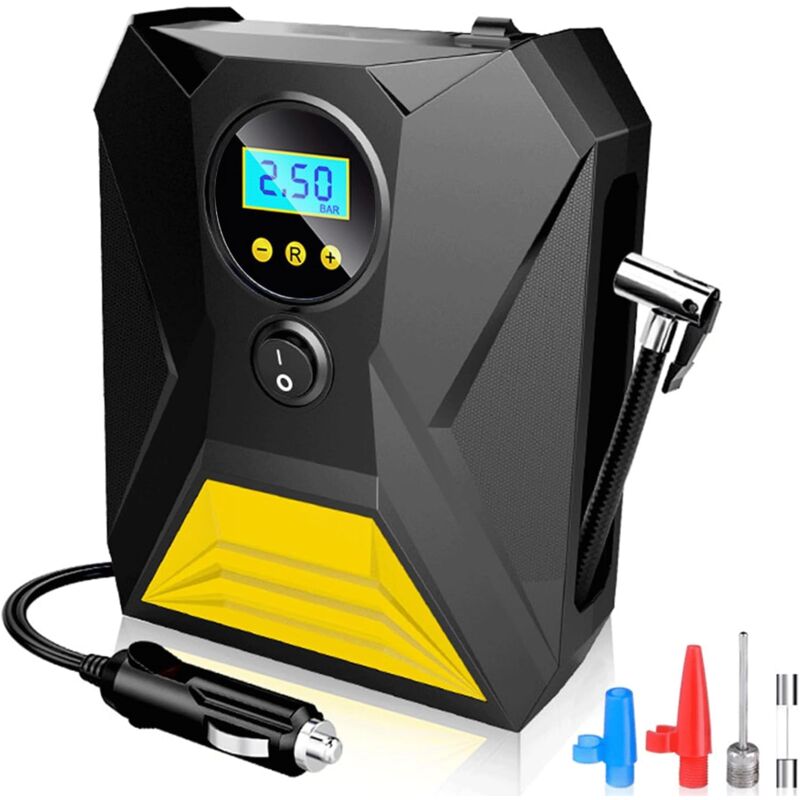 foto del prodotto compressore d aria portatile per gonfiaggio pneumatici 12v dc con manometro digitale e luce led di emergenza per auto, bici, pneumatici fino a 150 psi