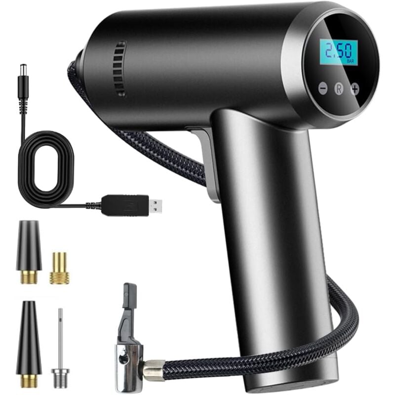 foto del prodotto compressore d aria portatile per gonfiaggio pneumatici senza fili, pompa d aria elettrica portatile ricaricabile da 150 psi con manometro digitale