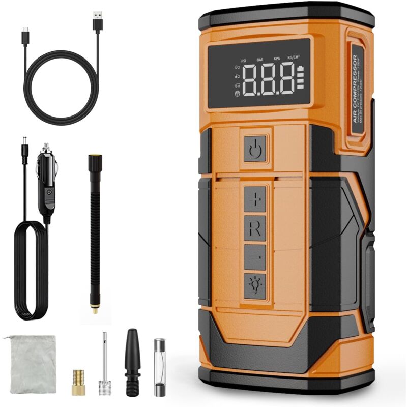 foto del prodotto compressore d aria portatile per pneumatici auto, manometro digitale, luci led, preimpostazione e spegnimento automatico, pompa d aria 12 v cc max