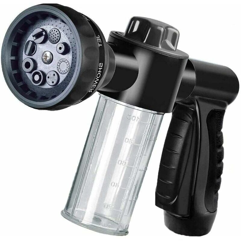 foto del prodotto con 8 modalit di irrigazione, spruzzatore di schiuma da giardino, ugello per tubo da giardino, pistola erogatrice di sapone per lavaggio auto,