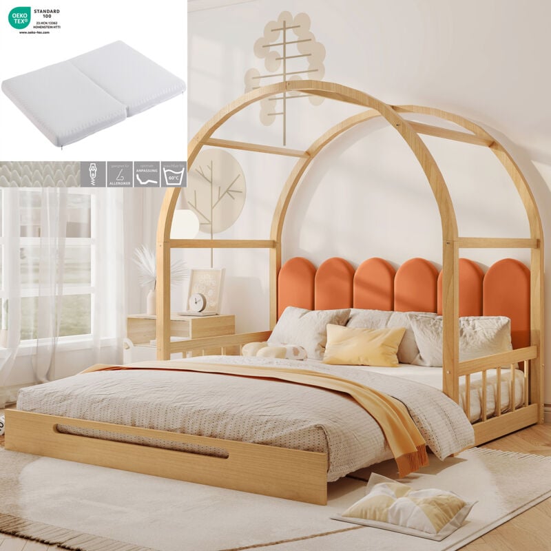 foto del prodotto con materasso letto a baldacchino ad arco allungabile, letto scorrevole, lettino per bambini, divano letto, letto matrimoniale, cuscini in velluto,