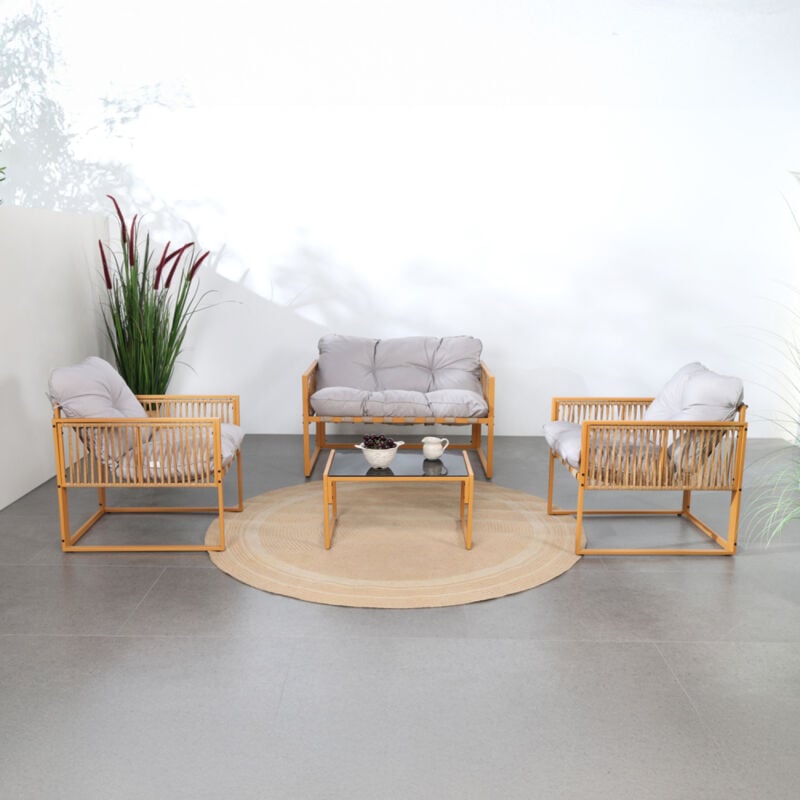 foto del prodotto concept usine mobili da giardino 4 posti effetto rattan con cuscini grigio chiaro turini