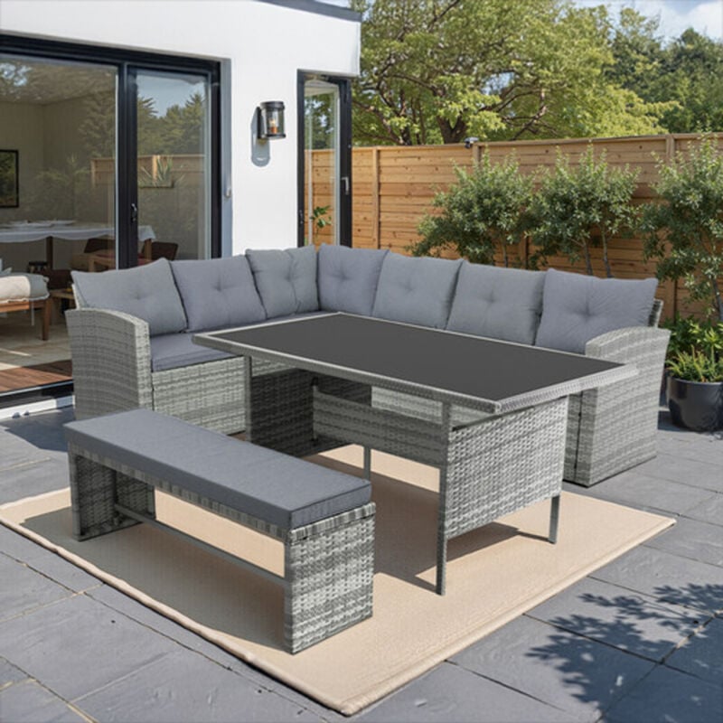 foto del prodotto concept usine mobili da giardino 8 posti con divano angolare in resina intrecciata grigia moorea