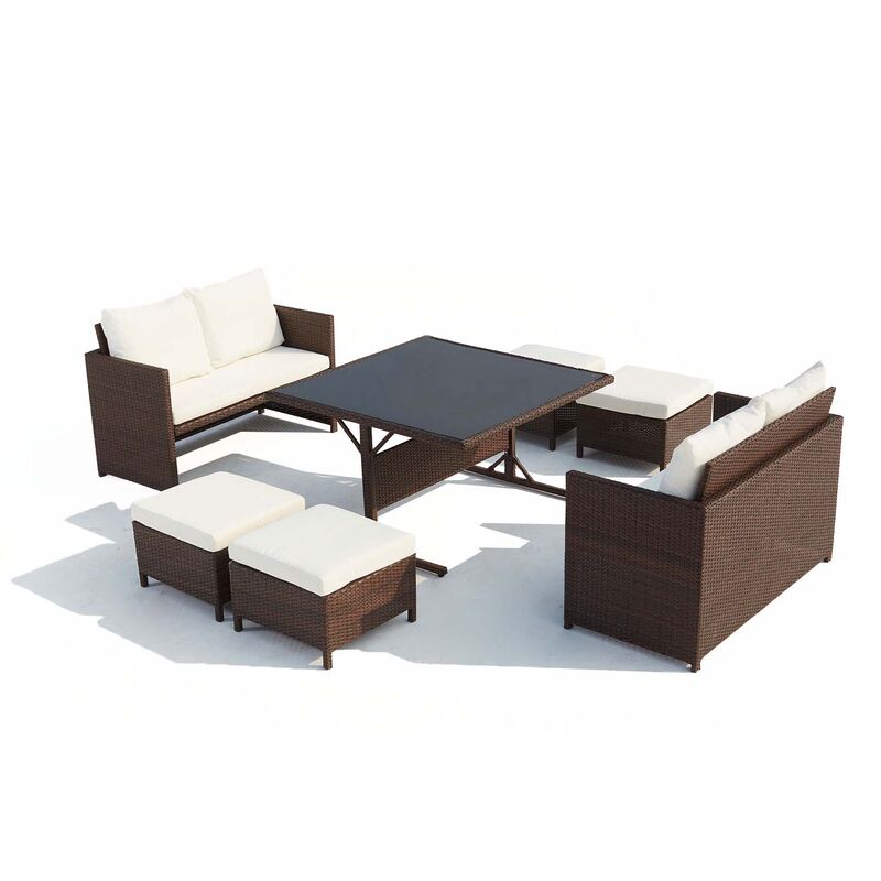 foto del prodotto concept usine salotto da giardino a incasso 8 posti resina intrecciata castagna bianco noum a