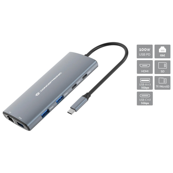 foto del prodotto conceptronic donn06g hub usb 10 in 1 usb 3.2 gen 1 type-c 4k hdmi ethernet grigio