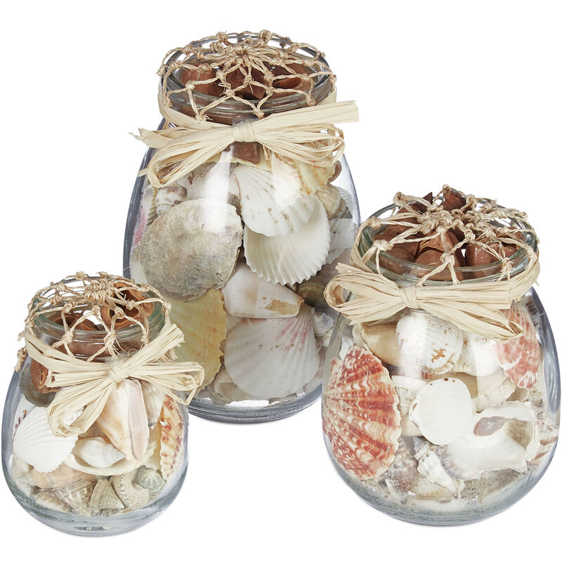 foto del prodotto conchiglie deco, set da 3, mix di conchiglie di mare, vasetti di varie misure, arredo da bagno, naturale relaxdays