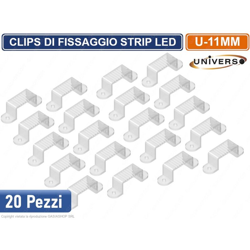 foto del prodotto confenzione 20 pezzi clips ganci di fissaggio per strip led 11mm