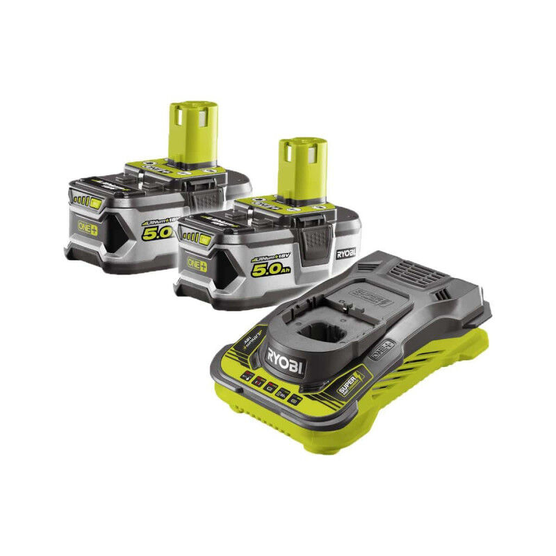 foto del prodotto confezione 2 batterie ryobi 18v one 5.0 ah lithiumplus - 1 caricatore ultra rapido 5.0 ah rc18150-250