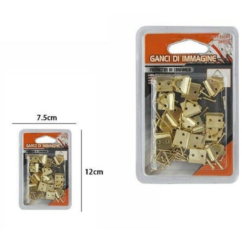 foto del prodotto confezione 20 pezzi ganci gancetti dorati per quadri appendere parete muro trade shop traesio