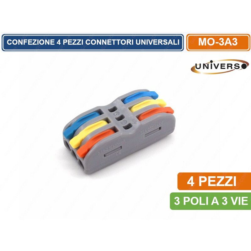 foto del prodotto confezione 4 connettori morsetto di collegamento universale 3 poli a 3 vie