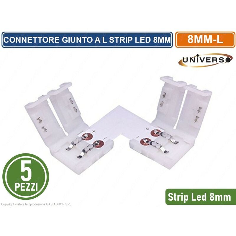 foto del prodotto confezione 5 pezzi connettore angolare per striscia strip led monocolore 2 pin 8mm spinotto 12v 24v smd