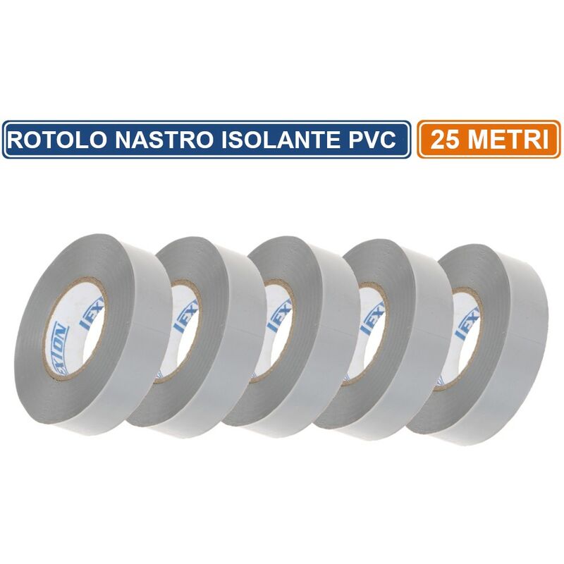 foto del prodotto confezione 5 pezzi nastro isolante in pvc grigio 25 metri spessore 0.13mm