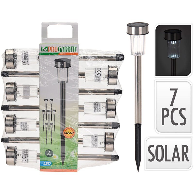foto del prodotto confezione 7 picchetti solar per giardino. acciaio inox. 1 led ip44 5x36cm
