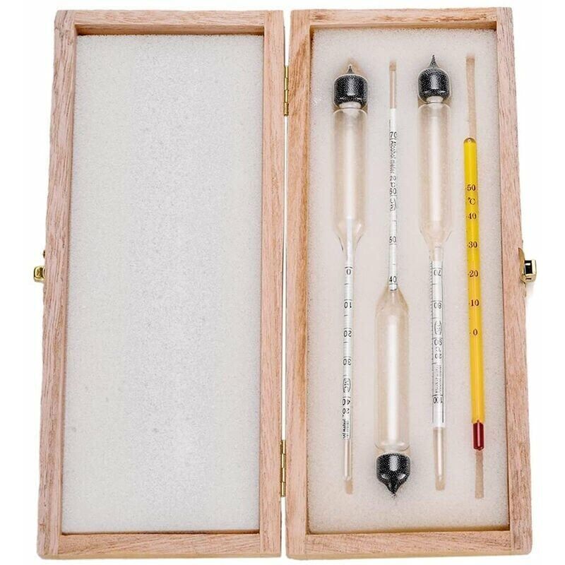 foto del prodotto confezione alcol tester con termometro, alcol tester, contenuto alcolico 0 40, 40 70, 70 100 vol , idrometro per liquori, distillati, whisky, brandy,