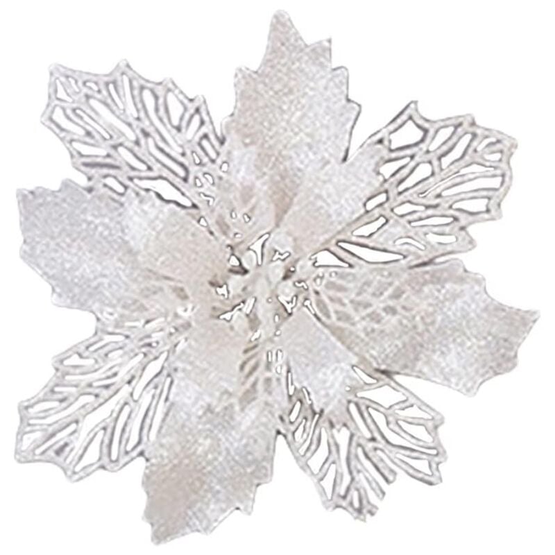 foto del prodotto confezione da 10 fiori di stella di natale artificiali glitterati da 6,3 pollici, fiori di natale bianchi artificiali, fiori per albero di natale,