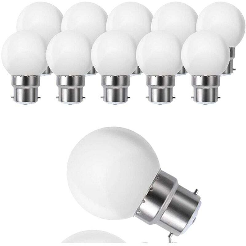foto del prodotto confezione da 10 globi led b22 g45, bianco caldo 3500k, 3w g45, 180lm, alloggiamento in policarbonato opaco, non dimmerabile classe energetica g 