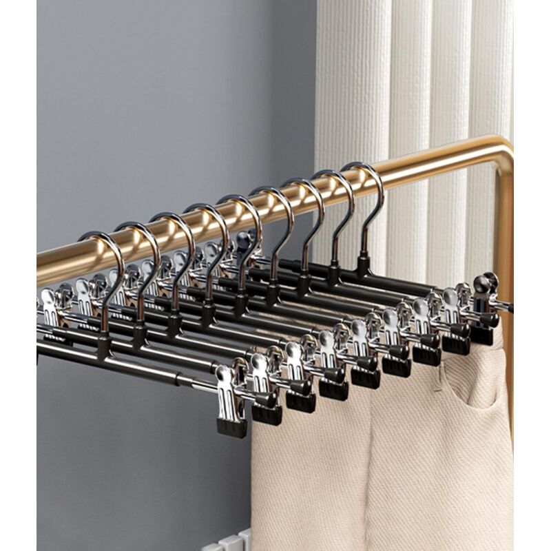 foto del prodotto confezione da 10 grucce per pantaloni in metallo, gruccia per pantaloni da 30 cm, con due clip antiscivolo, grucce per pantaloni, gancio girevole a 360°, salvaspazio, gruccia per gonne per pantaloni,