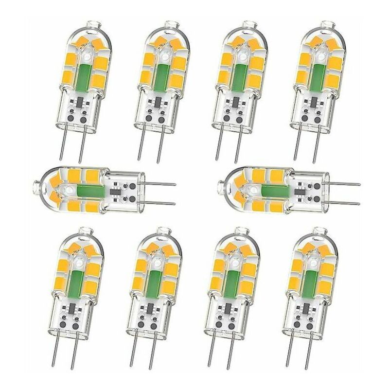 foto del prodotto confezione da 10 lampadine g4, lampadina led g4 2w 240lm, equivalente a una lampadina alogena g4 da 20w, bianco caldo 3000k, ac dc 12v, senza